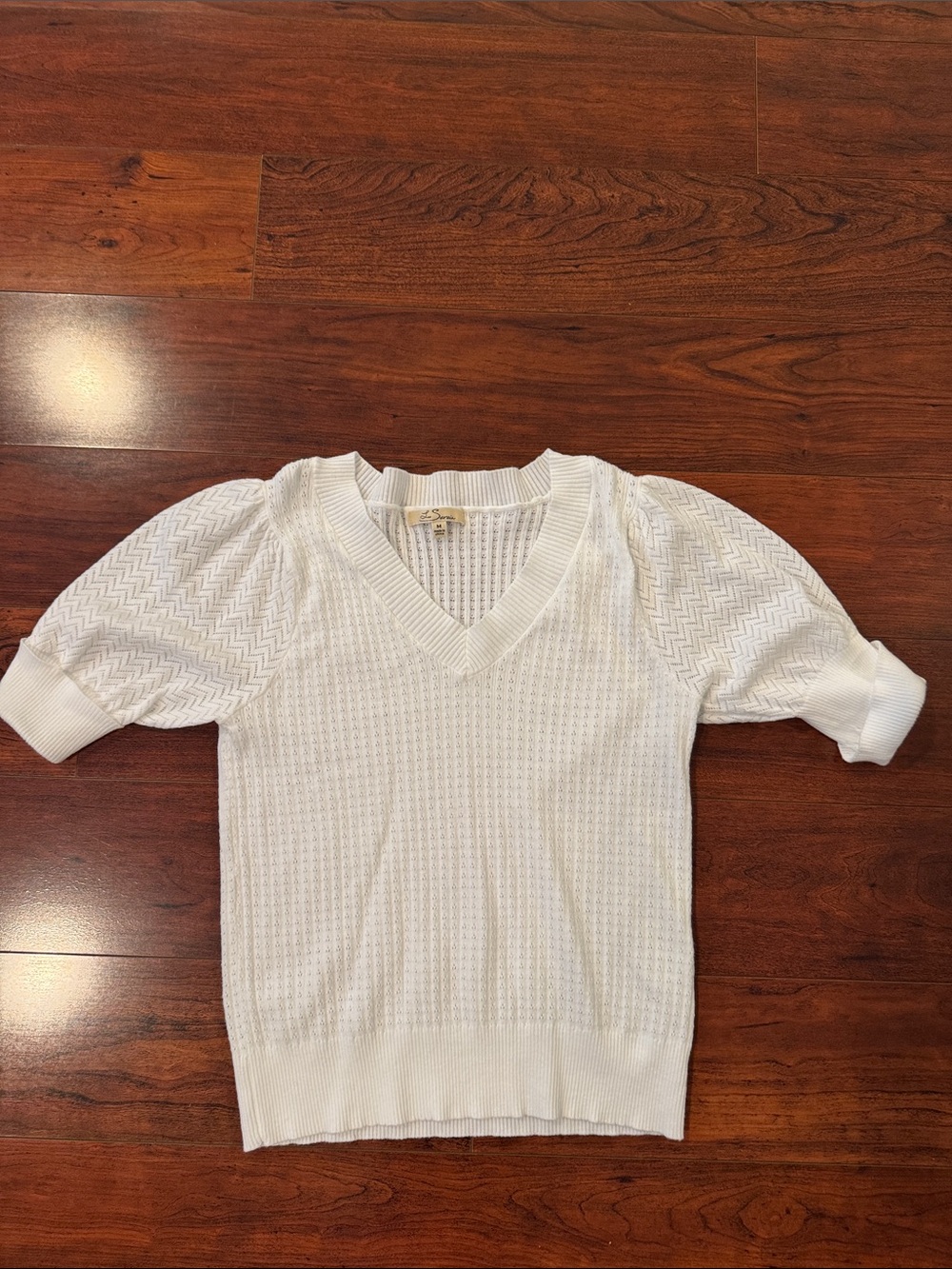 White V-Neck Puff-Sleeve Knit Sweater